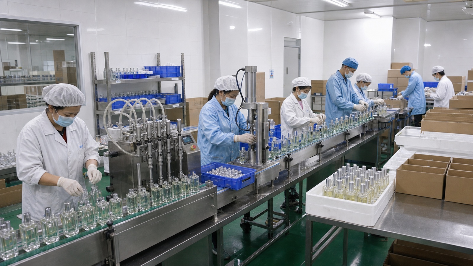 广州香水 OEM 工厂半自动灌装压泵生产线能力展示